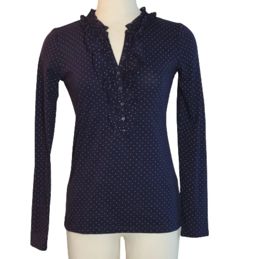 LOFT Navy Poka Dot Ruffle Neck LS Top, Size M, NWOT - Picture 3 of 11